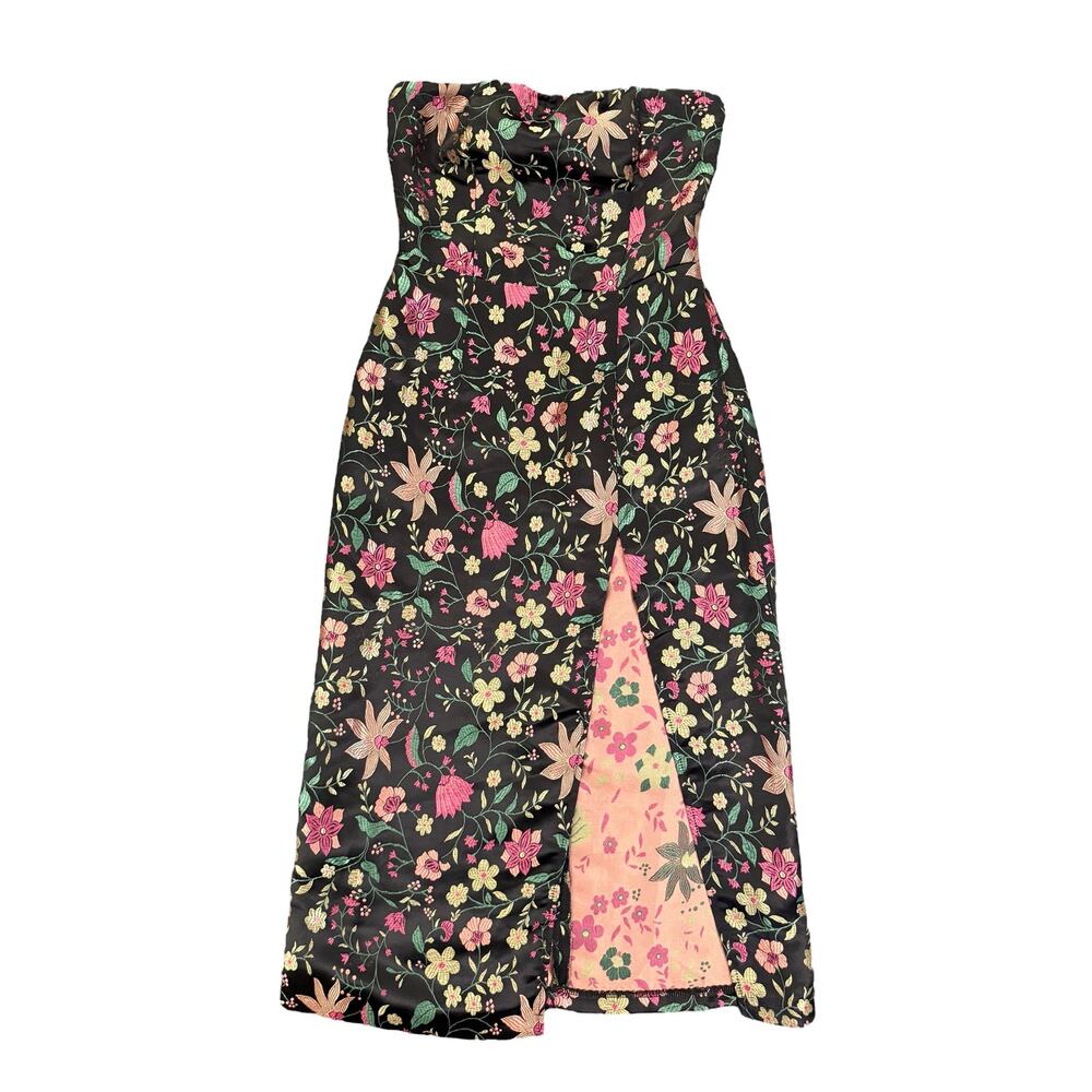 Lulus Make A Move Black Satin Floral Jacquard Midi Dress Size XS Side Slit Party - Picture 3 of 12